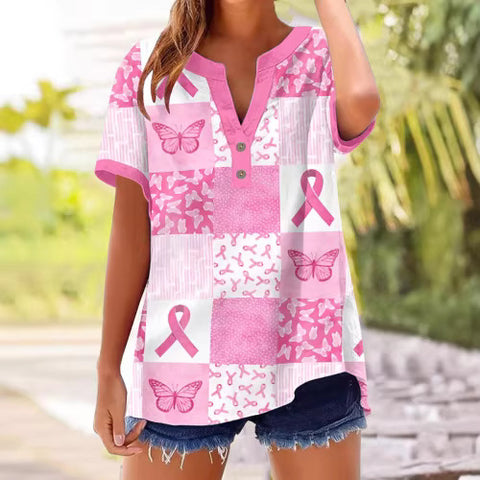 Bedrucktes V-Ausschnitt Kurzarm-T-Shirt m303021