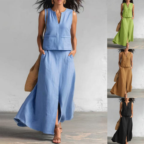 Sleeveless solid cotton and linen V-neck sleeveless top casual cross-body pocket skirt set m302507