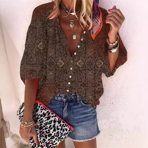 women's clothing stand-up collar loose button retro printed casual shirt m301723