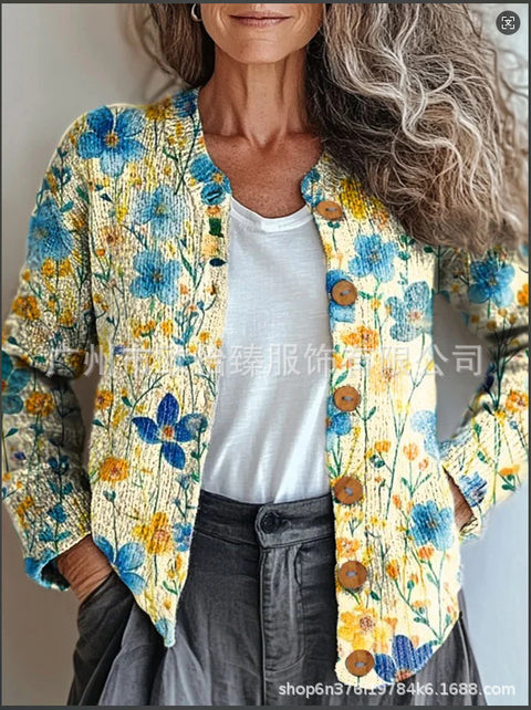 Autumn new colorful warm sunshine flower sea printed button cardigan m301725