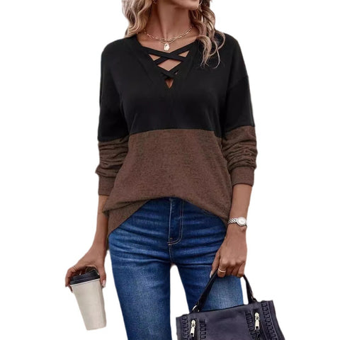 New V-neck cross-contrasting color splicing shoulder sleeve casual T women's top m302353