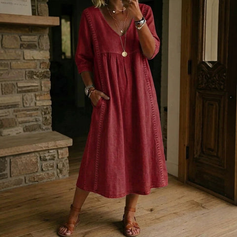 Loose v-neck splicing lace edge solid color medium sleeve dress m302991