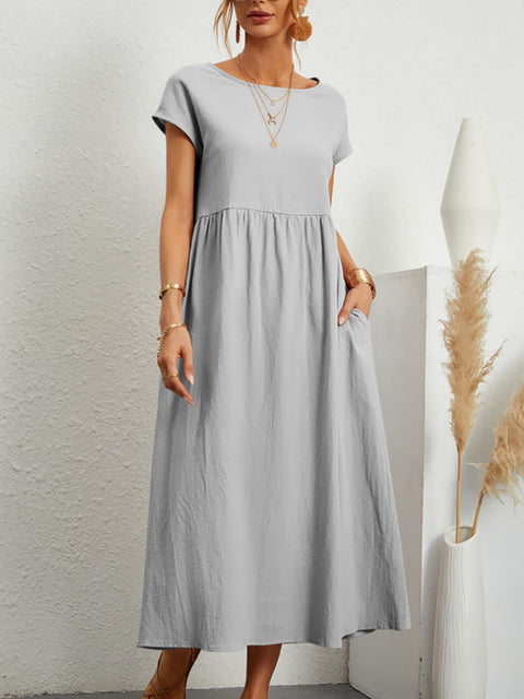 Sleeveless loose cotton and linen pocket dress m301061