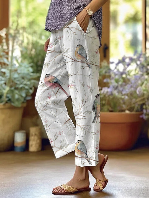 Linglong hemp digital printing simple crimped casual pants m303184