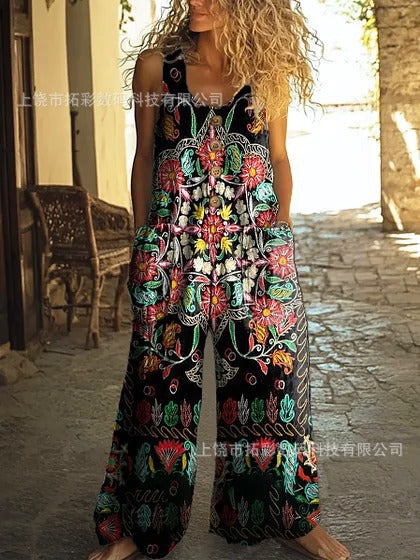 Retro trend wide-leg pants overalls women's sleeveless imitation denim m302436