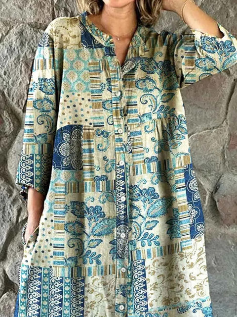 Women's Loose Crew Neck Fashion Premium Long Sleeve Printed Shirt Dress m301050