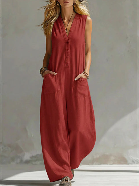 Spring and summer women's casual linen cotton sleeveless jumpsuit m302489