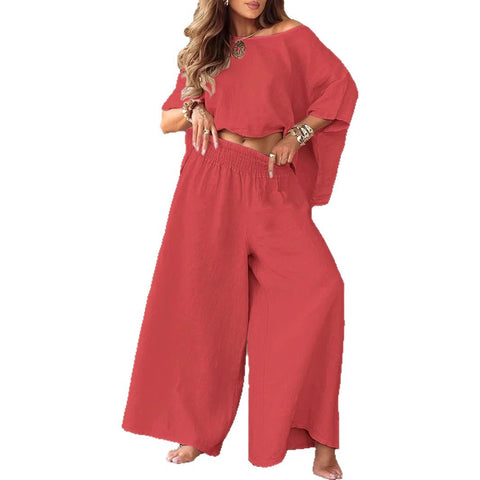 Solid color explosive casual loose round neck off-the-shoulder summer women's suit m302330