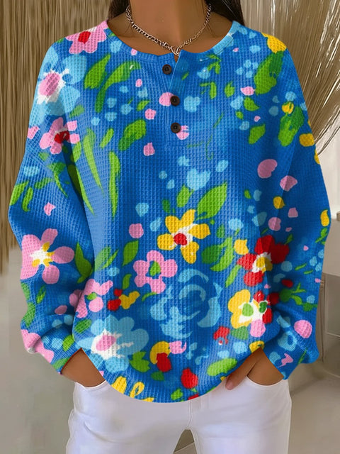 3D-Digitaldruck lockeres lässiges Waffel-Stehkragen-Langarmshirt m303065