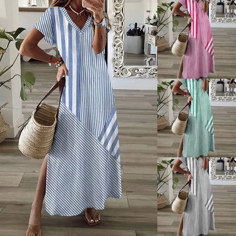 Stripe positioning printed V-neck split dress m301462