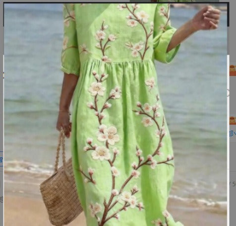 Women's medium and long sleeves side bag crew neck dress seaside vacation loose dress m302606