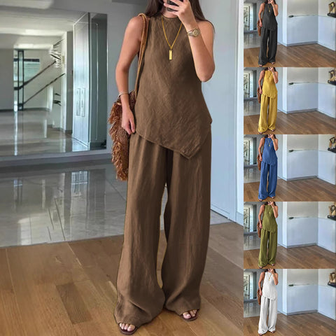 Casual round neck pullover sleeveless plus pocket trousers cotton multi-color m301437