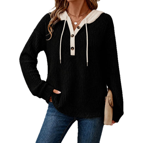 Loose v-neck button-down drawstring hooded casual women's top FF303504