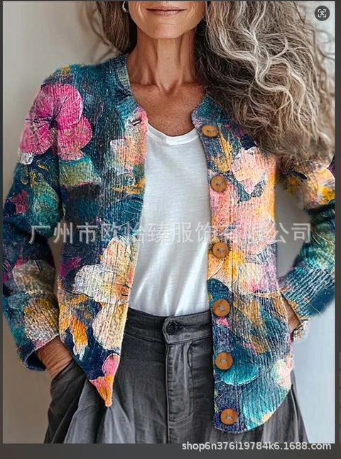 Autumn new colorful warm sunshine flower sea printed button cardigan m301725