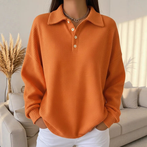 Loose solid color lapel versatile polo shirt waffle long sleeve women's top m302256