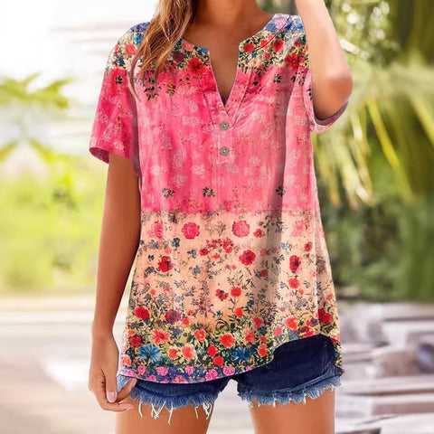 Bedrucktes V-Ausschnitt Kurzarm-T-Shirt m303021