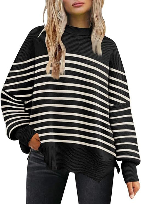 Crew neck bat wing long-sleeved sweater autumn knitted side slit jumper m301590
