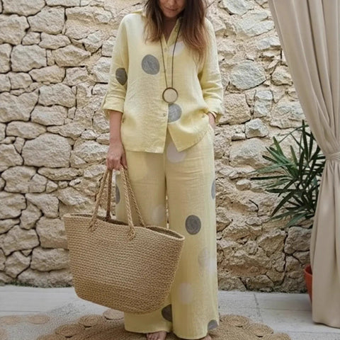 Women's suit long-sleeved lapel button-up top trousers printed two-piece set m302718