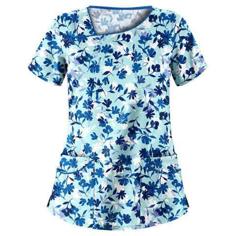 Printed V-neck short-sleeved pocket T-shirt women's top m301596