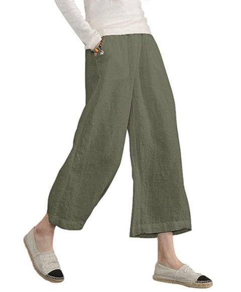 Solid color cotton and linen loose casual wide-leg nine-point pants women's m301570
