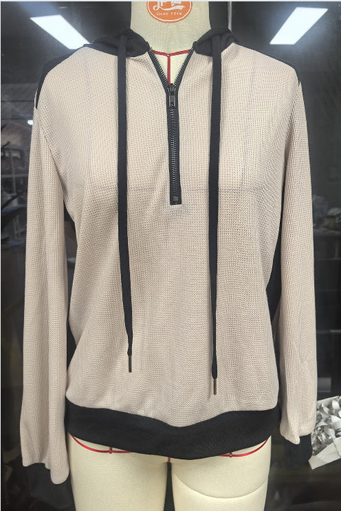 Waffle half-zipper hooded sweatshirt for women, autumn/winter long-sleeve casual top FF303443