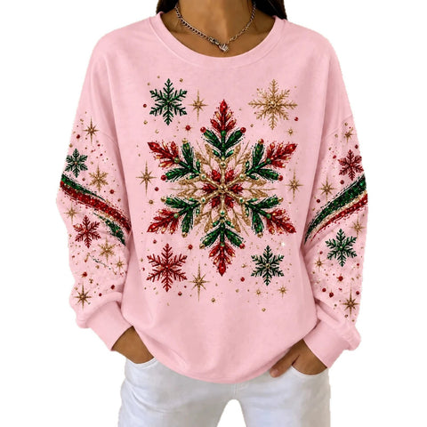 Snowflake print crew neck long-sleeved casual pullover sweater FF303508