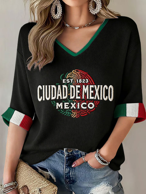 Down shoulder V-neck seven-quarter sleeve 3D printed women's top T-shirt m302844