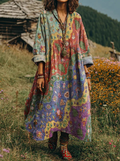 Bohemian ethnic style retro new printing fashion literary loose V-neck FF303433 01