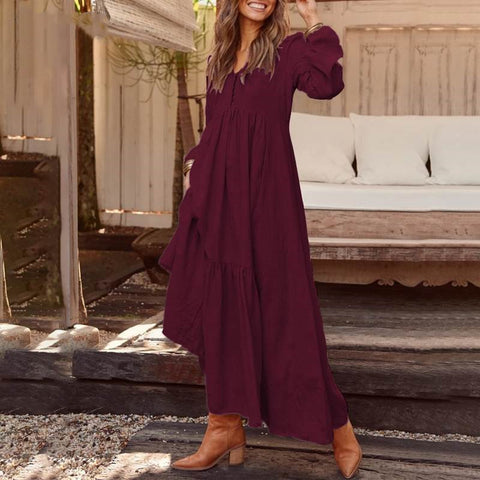 Button cotton and linen retro casual long-sleeved dress big swing long dress multi-color m301374