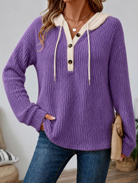 Loose v-neck button-down drawstring hooded casual women's top FF303504