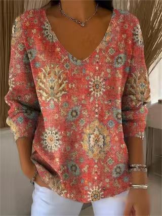 Shoulder V-neck long-sleeved autumn leaf 3D digital printing women's top FF303401 04