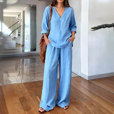 Casual V-neck pullover long sleeve plus trousers washed cotton multi-color m302407