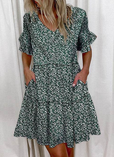 Short Print Ruffled Pocket Dress M300182