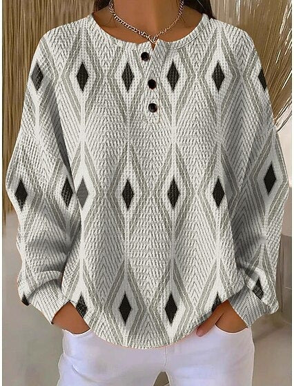3D-Digitaldruck lockeres lässiges Waffel-Stehkragen-Langarmshirt m303065