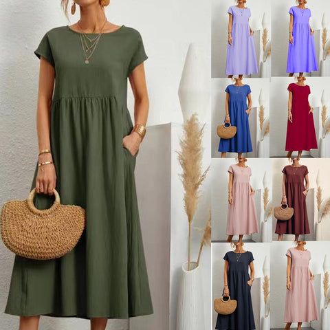 Sleeveless loose cotton and linen pocket dress m301061