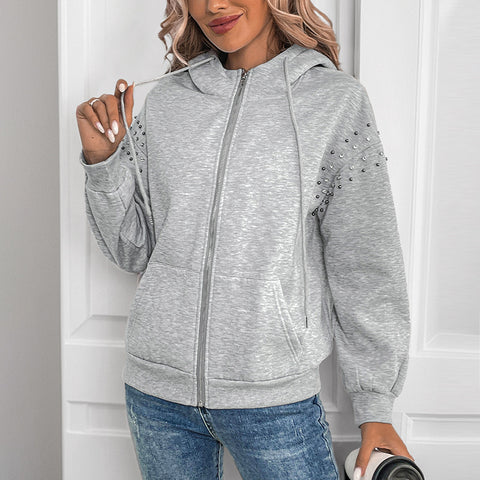 Hooded long-sleeved sweater autumn and winter solid color rivet casual fashion sweater jacket women m300810