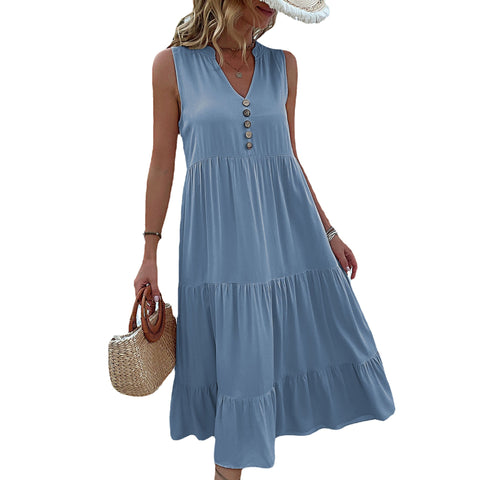 Summer popular sleeveless pleated skirt loose V-neck medium and long dress m300851