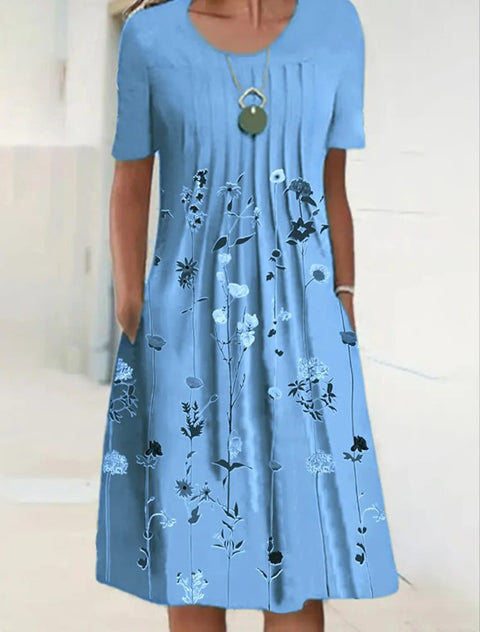 Spring/Summer Flower Printed Round Neck Pocket Mid length Dress for Women's Clothing m300037