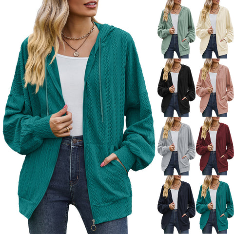 Solid color pocket long sleeve loose hooded sweater women's jacket m300392