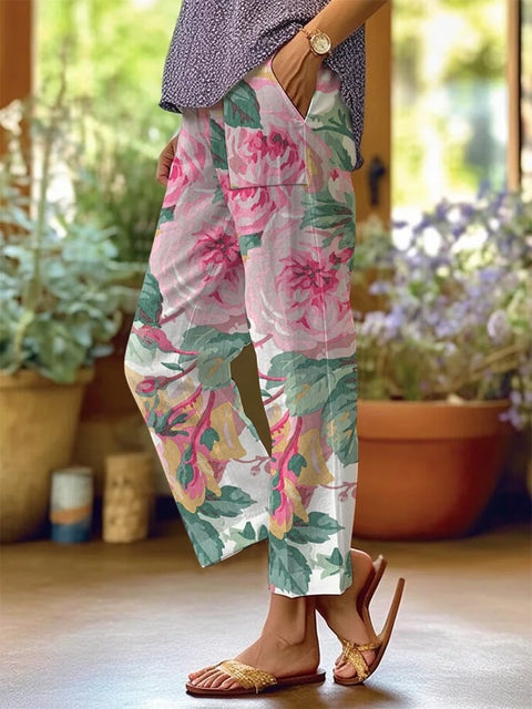 Linglong hemp digital printing simple crimped casual pants m303184
