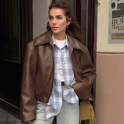 Angola red jacket leather jacket locomotive girl fashion coat 2025 autumn winter m301819