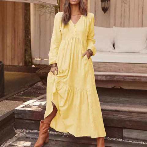 Button cotton and linen retro casual long-sleeved dress big swing long dress multi-color m301374