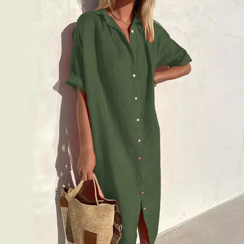 Elegant Casual Loose Short Sleeve Button Cotton and Linen Long Pocket Shirt Dress m301256