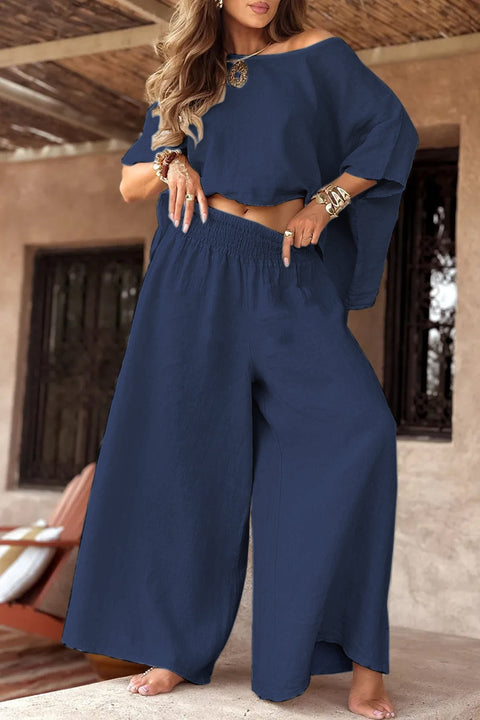Solid color explosive casual loose round neck off-the-shoulder summer women's suit m302330