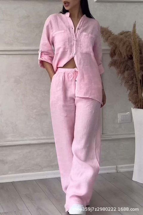 Casual cotton and linen solid color shirt drawstring wide-leg pants set m302317