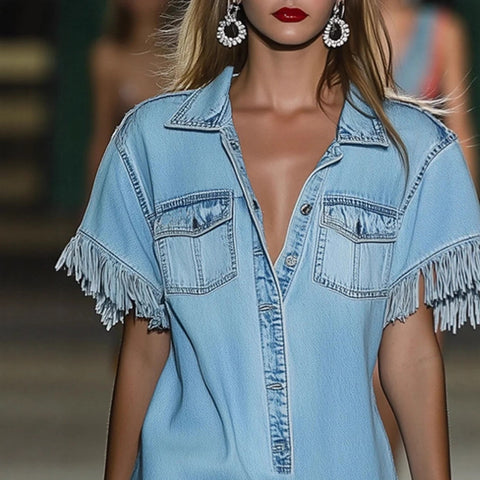 cross-border independent station casual loose retro denim short-sleeved shirt fringed mini-skirt m303248