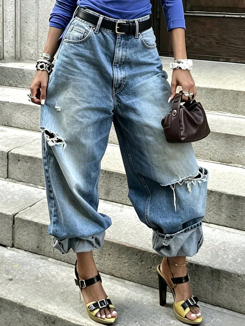 Jeans Fashion Washed Ripped Wide Leg Pants FF303448