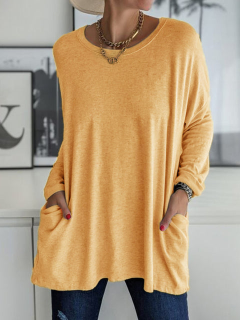Crew neck long sleeve loose pocket solid color T-shirt casual women's clothing m301315