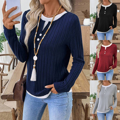 Fake two-piece crew neck button pullover polished long-sleeved T-shirt m302169