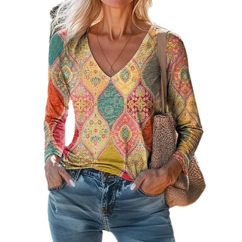 Casual V-neck long-sleeved regular pullover digital printing women's top T-shirt m301721